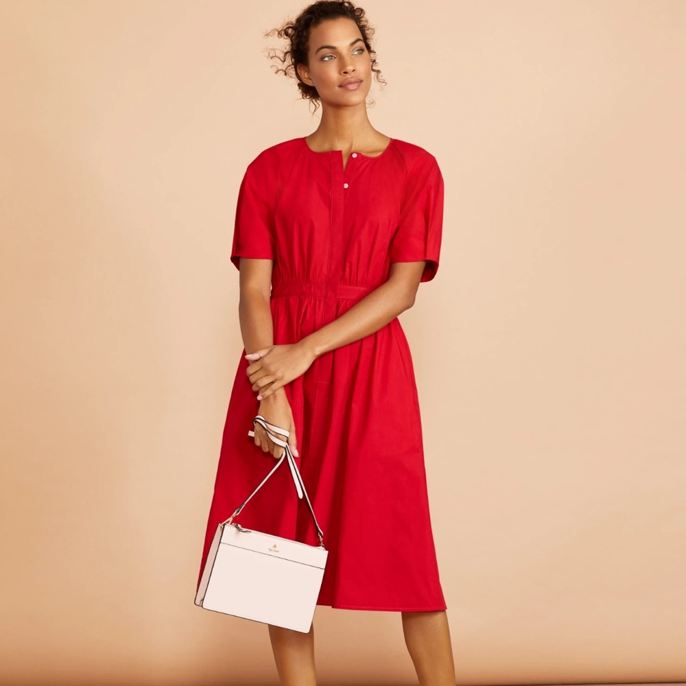 Brooks Brothers Red Fleece Saty Cotton Blend Puff Sleeve Tango Midi Dress